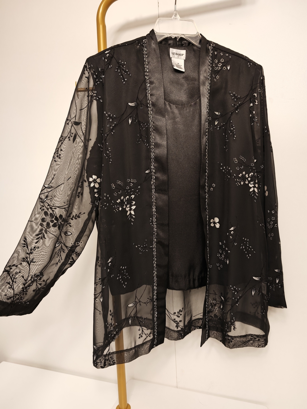 Witchy Vintage Sheer Embroidered Black On Black Kimono Style 2 Piece Top Size 14